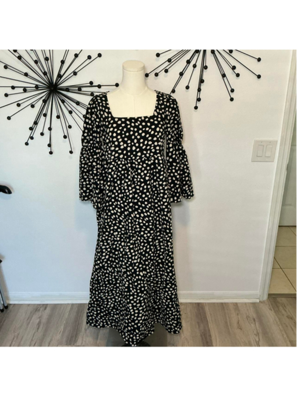 Who What Wear Black White Polka Dot Midi Dress Size XS Square Neck